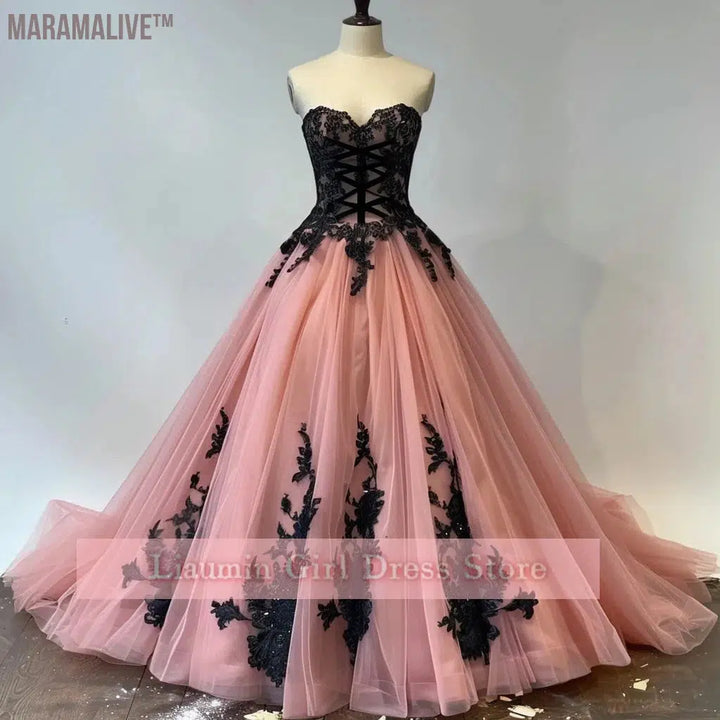 Pink and Black Lace Applique Strapless Ball Gown Full Length Evening Formal Occasion Party Prom Princess Dress Custom W11-14