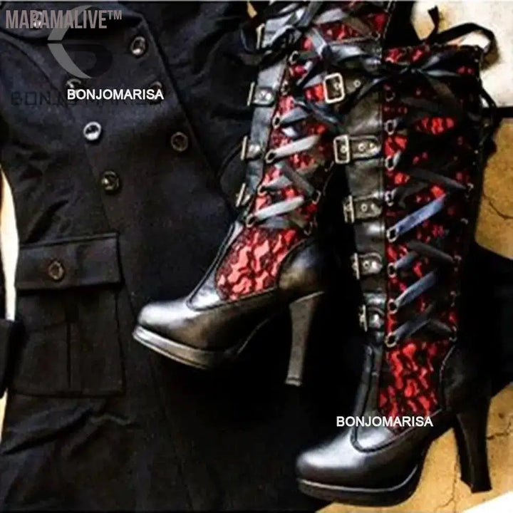 Platform Boots For Women Lace Up Chunky High Heel Mid Calf Boots Narrow Band Bow Knot Goth Gothic Shoes Winter 2023