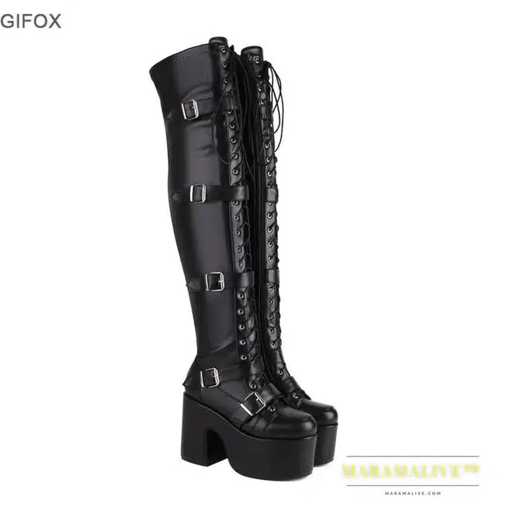 Platform Boots For Women Over The Knee High Heeled Boots Punk Goth Fashion New Shoes Autumn Winter Brand New Buckles