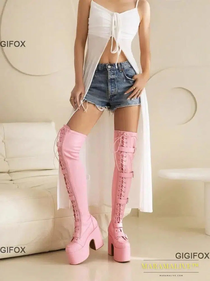 Platform Boots For Women Over The Knee High Heeled Boots Punk Goth Fashion New Shoes Autumn Winter Brand New Buckles