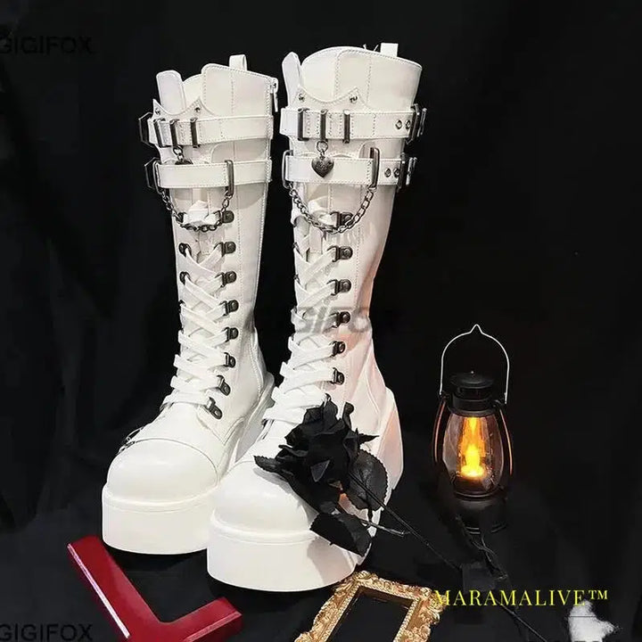 Platform High Wedges Gothic Style Women Mid Calf Boots Buckle Zipper Metal Chain Punk Round Toe Autumn Shoes Boots