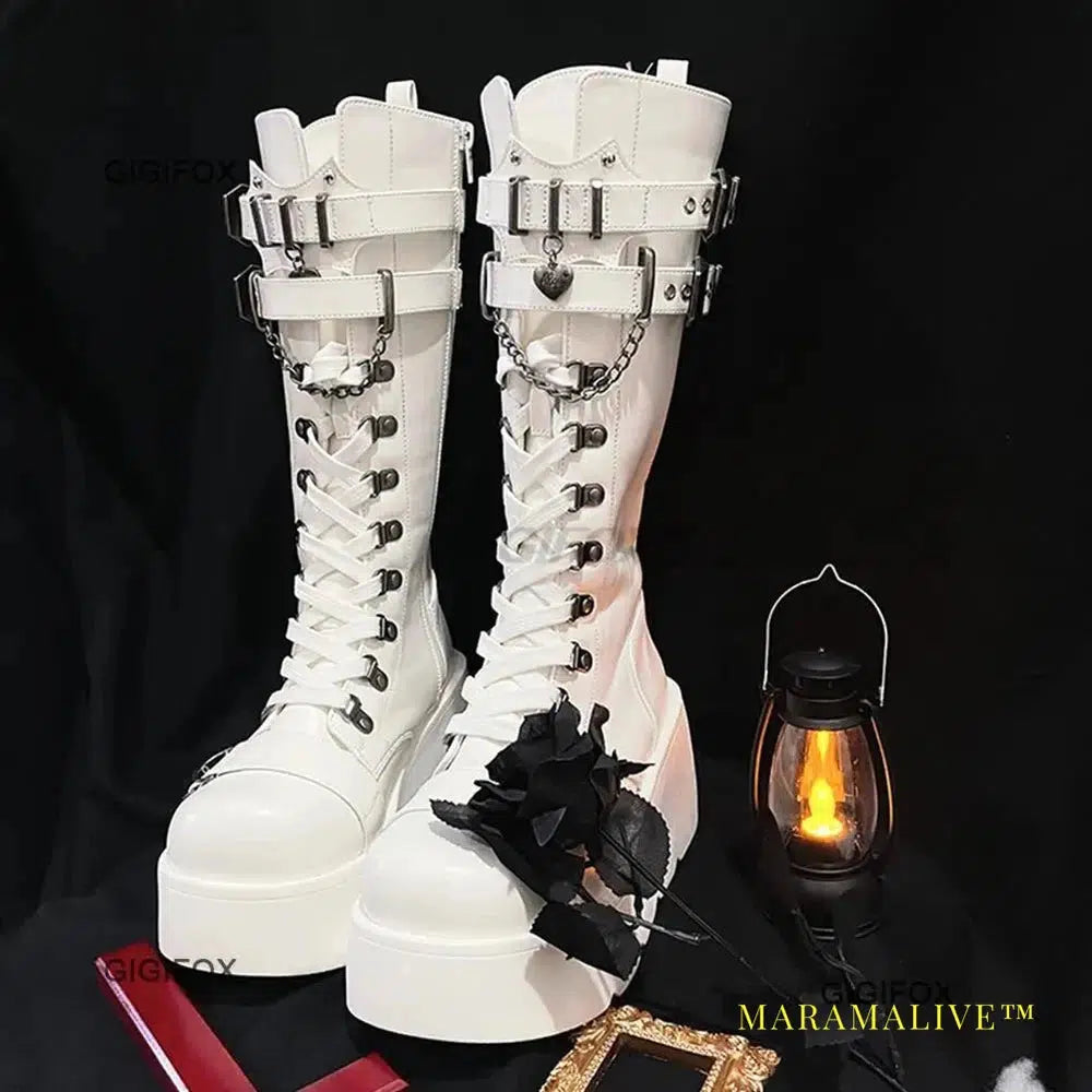 Platform High Wedges Gothic Style Women Mid Calf Boots Buckle Zipper Metal Chain Punk Round Toe Autumn Shoes Boots