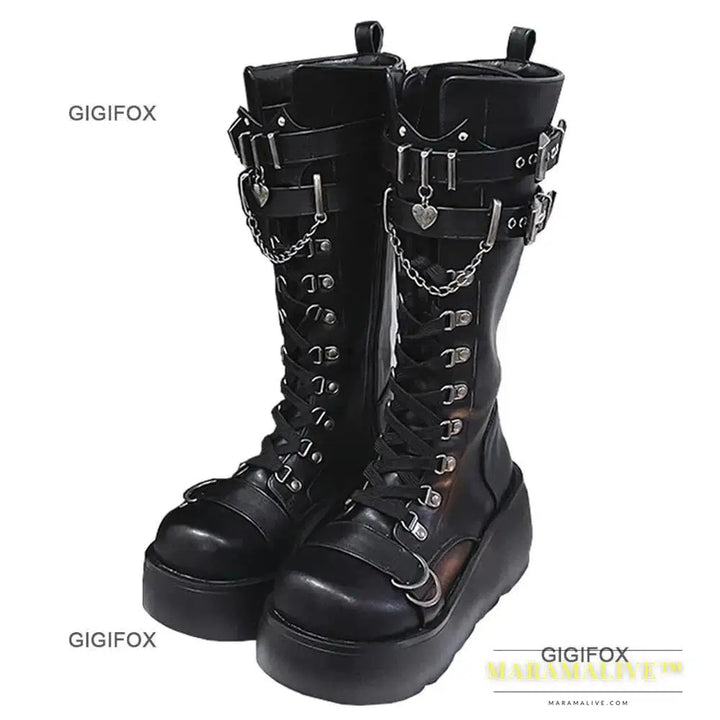 Platform High Wedges Gothic Style Women Mid Calf Boots Buckle Zipper Metal Chain Punk Round Toe Autumn Shoes Boots