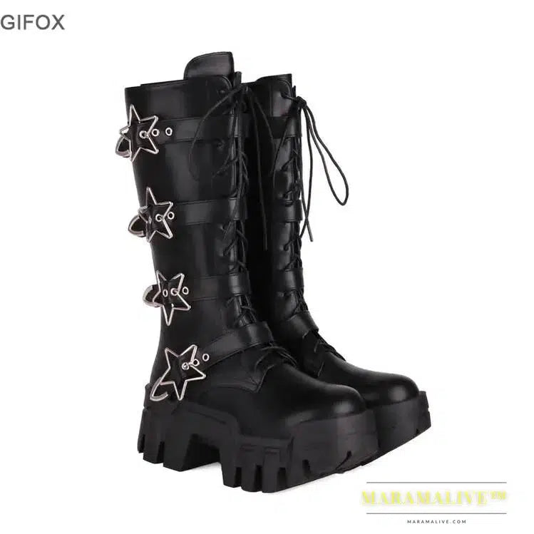 Platform Over The Knee Boots For Women Wedge Heel Fashion Motorcycle Punk Lace Up Winter Boots Chunky New Rock Shoes