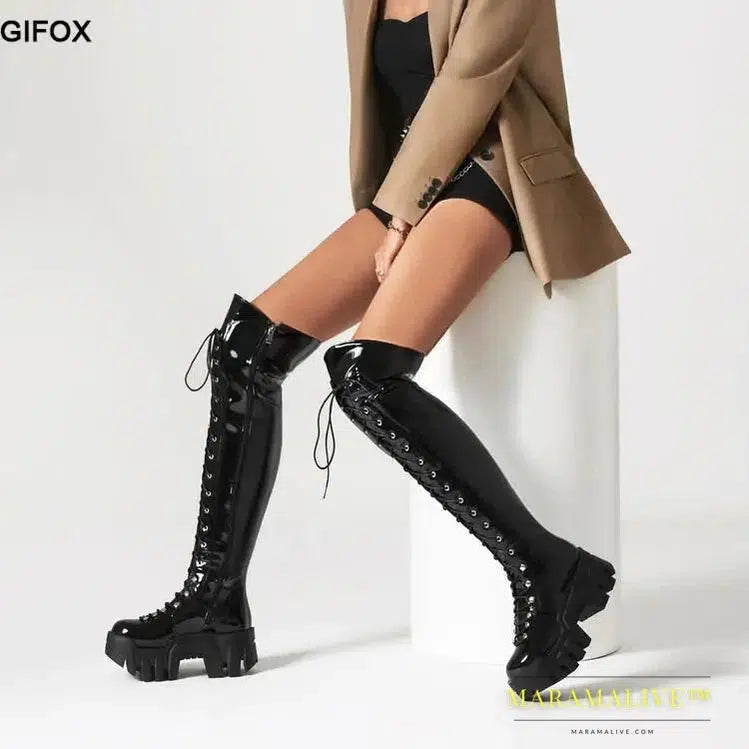 Platform Over The Knee Boots For Women Wedge Heel Fashion Motorcycle Punk Lace Up Winter Boots Chunky New Rock Shoes