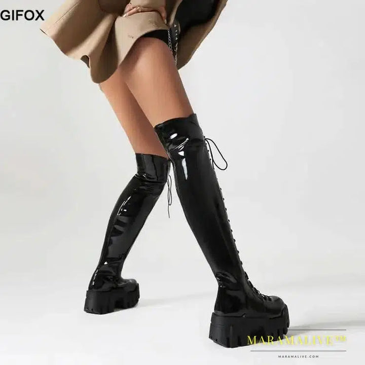 Platform Over The Knee Boots For Women Wedge Heel Fashion Motorcycle Punk Lace Up Winter Boots Chunky New Rock Shoes