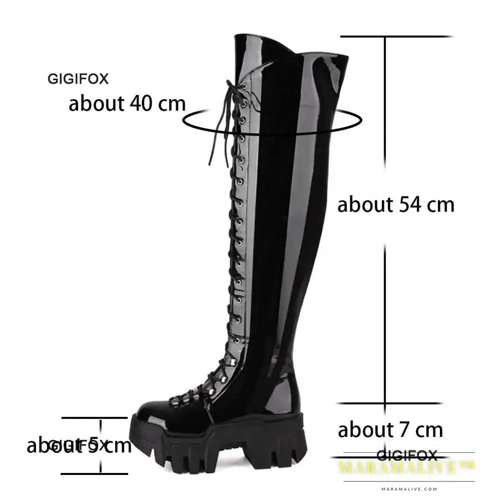 Platform Over The Knee Boots For Women Wedge Heel Fashion Motorcycle Punk Lace Up Winter Boots Chunky New Rock Shoes