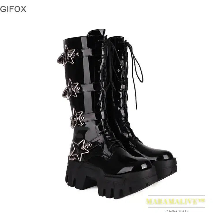 Platform Over The Knee Boots For Women Wedge Heel Fashion Motorcycle Punk Lace Up Winter Boots Chunky New Rock Shoes