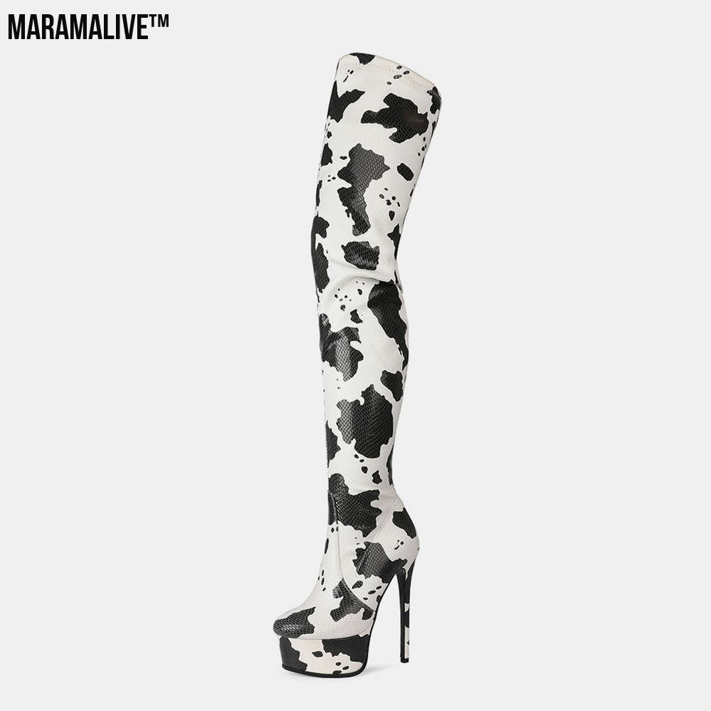 Platform Round Head Cow Pattern Over The Knee Boots Women's Boots