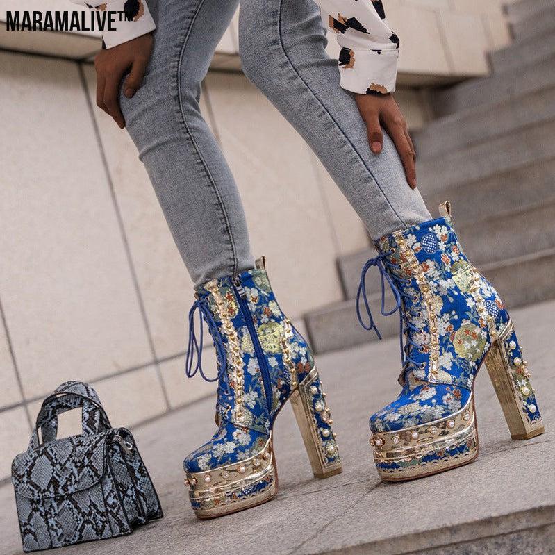 Platform Super High Heel Lace Rivet Silk Boots