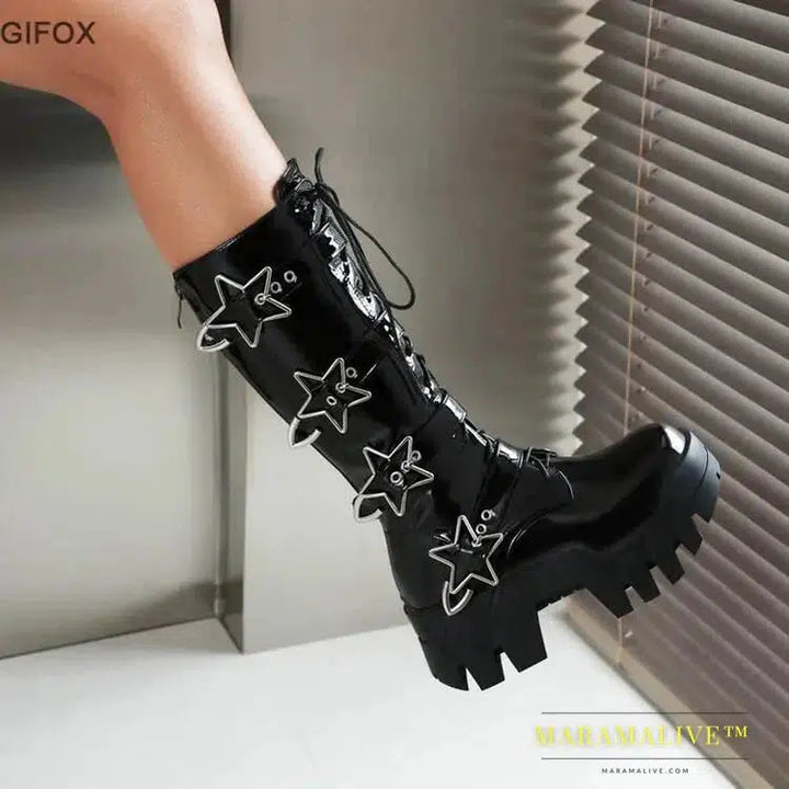 Platform Wedges Knee High Boots For Women Chunky Heel Fashion Punk Motorcyle Boots Goth Gothic New Rock Shoes Winter