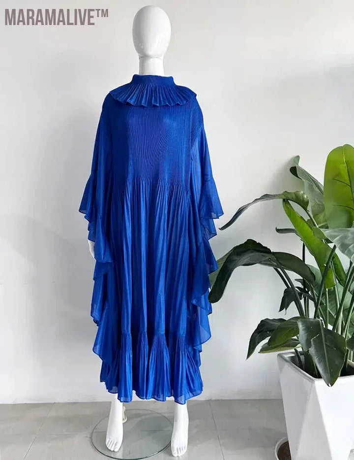 Pleated Spring Women's Long Irregular Dress Loose and Slim Solid Color Heavy Work Pleated Western Style Women's Dress