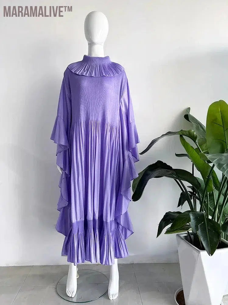 Pleated Spring Women's Long Irregular Dress Loose and Slim Solid Color Heavy Work Pleated Western Style Women's Dress