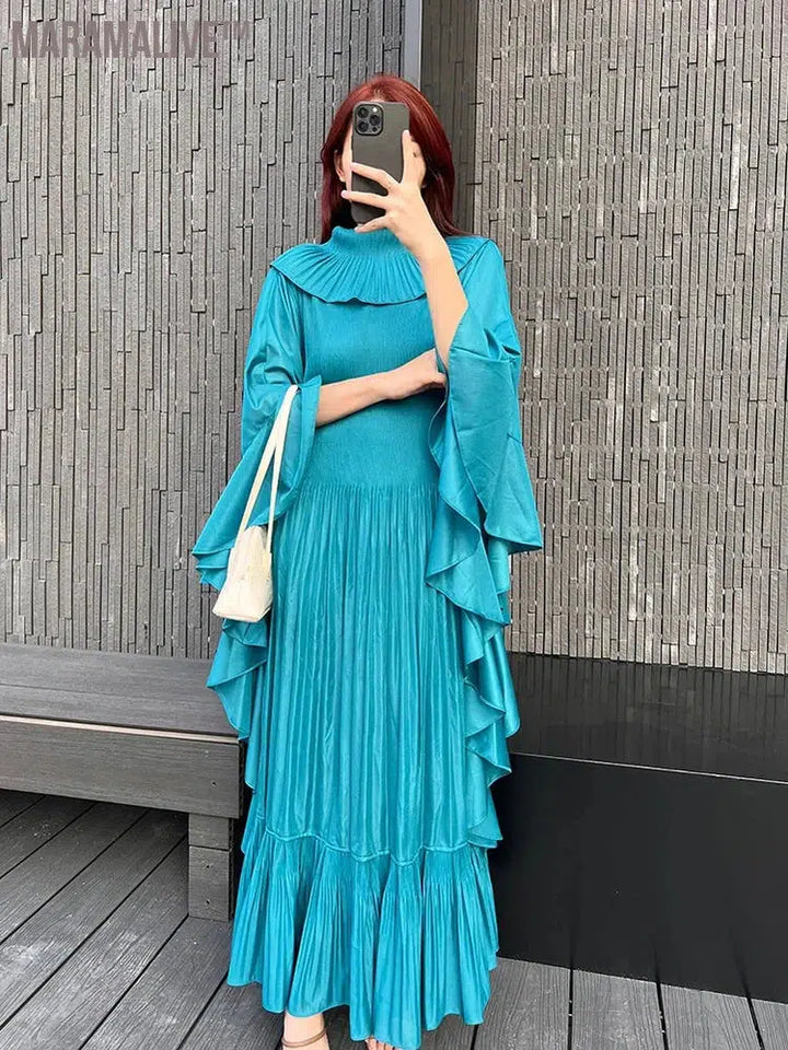 Pleated Spring Women's Long Irregular Dress Loose and Slim Solid Color Heavy Work Pleated Western Style Women's Dress