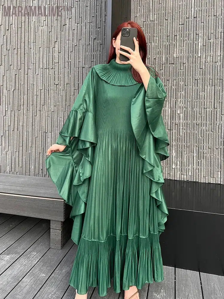 Pleated Spring Women's Long Irregular Dress Loose and Slim Solid Color Heavy Work Pleated Western Style Women's Dress