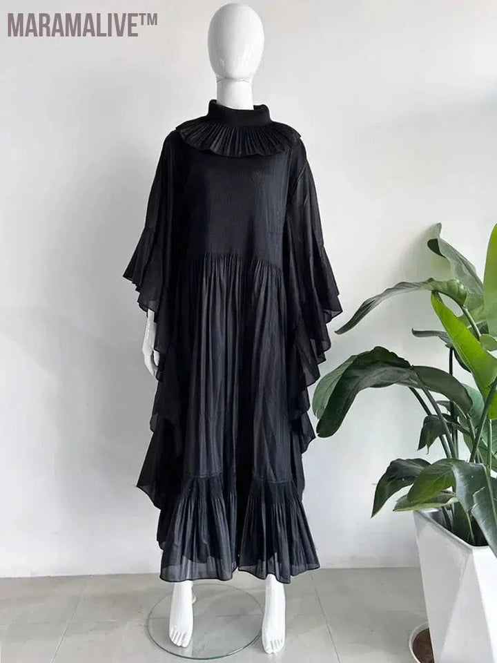 Pleated Spring Women's Long Irregular Dress Loose and Slim Solid Color Heavy Work Pleated Western Style Women's Dress