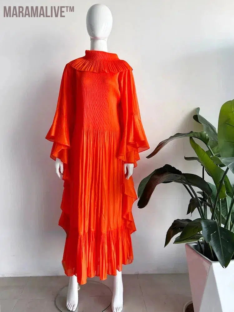 Pleated Spring Women's Long Irregular Dress Loose and Slim Solid Color Heavy Work Pleated Western Style Women's Dress