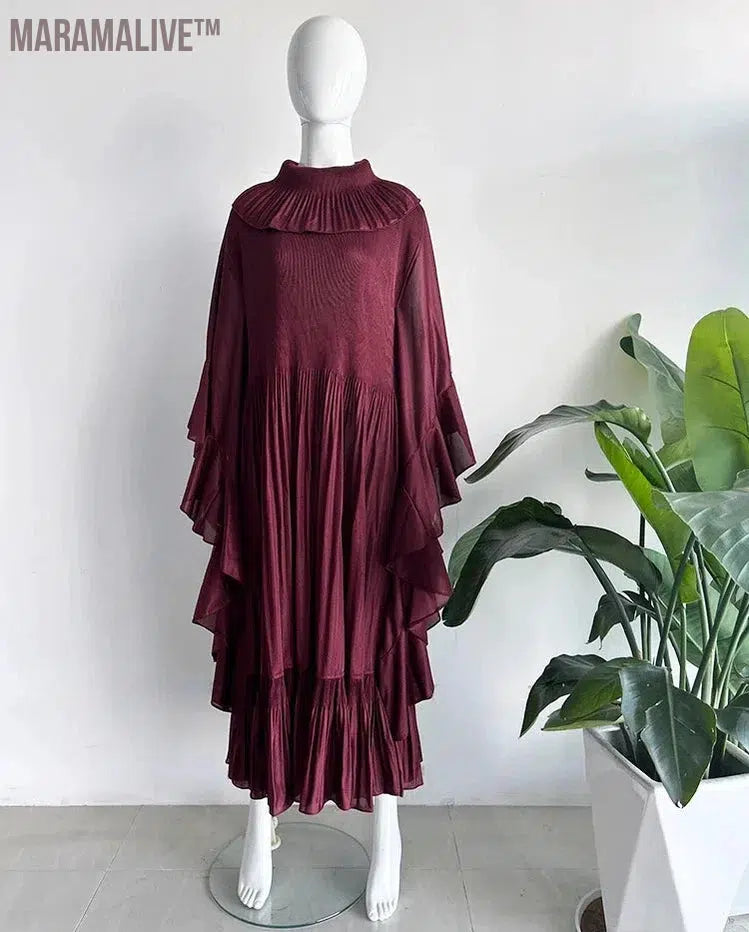 Pleated Spring Women's Long Irregular Dress Loose and Slim Solid Color Heavy Work Pleated Western Style Women's Dress