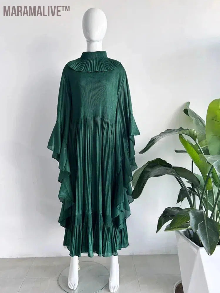 Pleated Spring Women's Long Irregular Dress Loose and Slim Solid Color Heavy Work Pleated Western Style Women's Dress