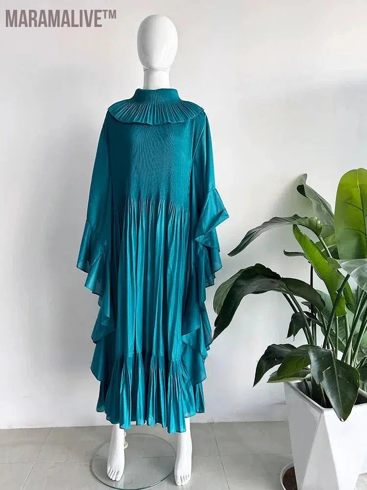 Pleated Spring Women's Long Irregular Dress Loose and Slim Solid Color Heavy Work Pleated Western Style Women's Dress