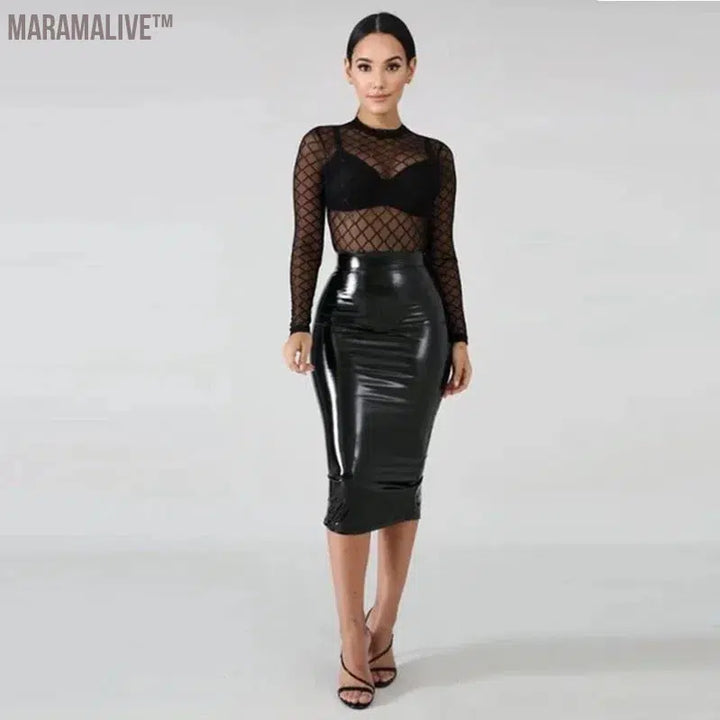 Plus Size 4XL 5XL Bodycon Midi Skirts Women PVC Patent Leather Back Zip Club Skirt PU Business Classic Clothing NEW Custom