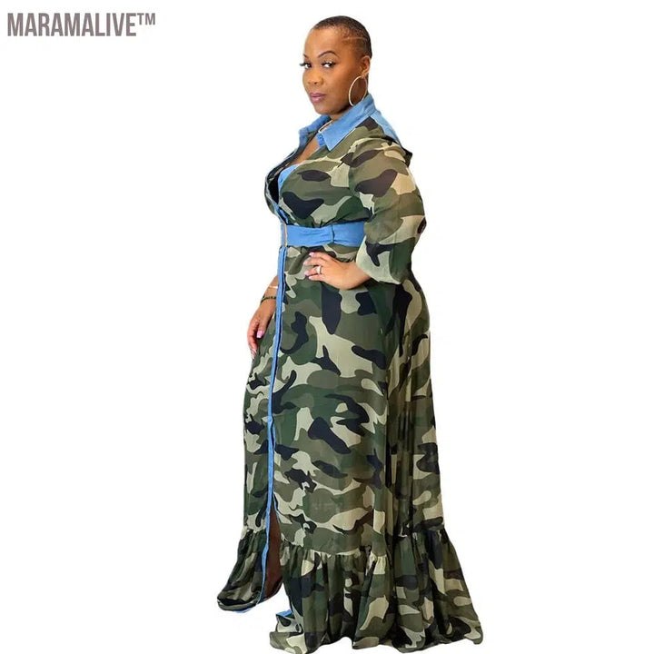 Plus Size 5XL Summer Dress for Women Camouflage Long Sleeve Floor Length Shirt Dress Sexy Fashion