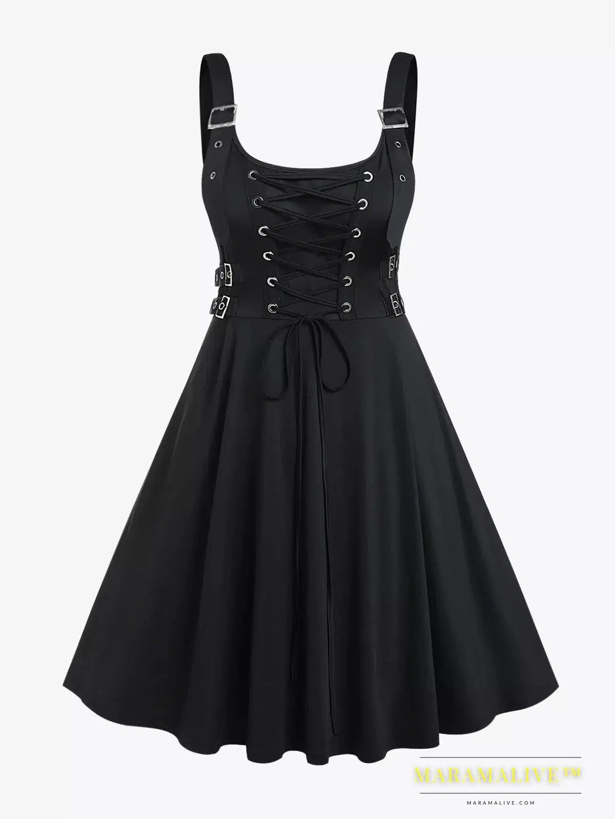 Plus Size Black High Waist Knee-Length Party Dress For Women Gothic Lace Up Buckles Sleeveless Backless Dresses Vestidos