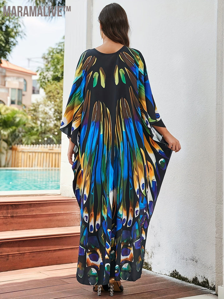 Plus Size Boho Cover Up, Women's Butterfly Print Chinese Knot Braided V Neck Maxi Loose Fit Beach Kaftan Dress