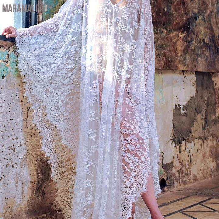 Plus Size Boho Cover Up, Women's Floral Lace See Through Plain White Tie Back Backless Batwing Sleeve Maxi Beach Kaftan Dress Without Bikini