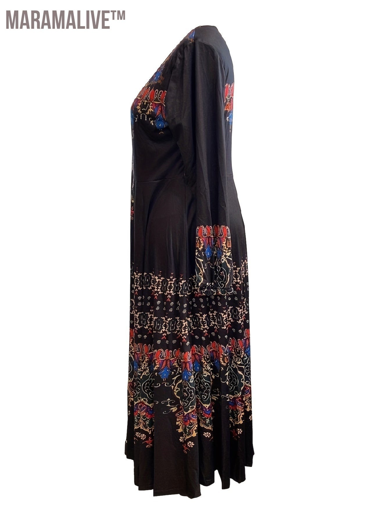 Plus Size Boho Dress, Women's Plus Floral Print Long Sleeve Round Neck Maxi Dress