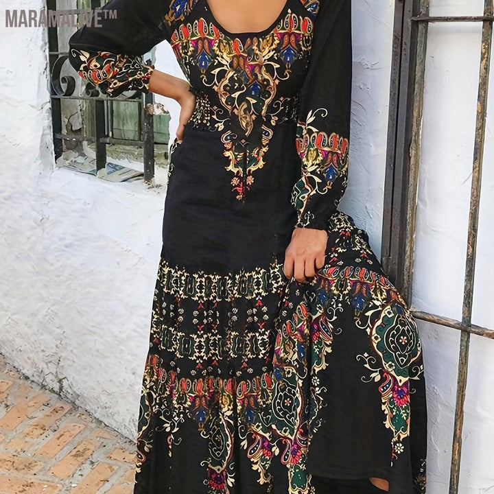 Plus Size Boho Dress, Women's Plus Floral Print Long Sleeve Round Neck Maxi Dress