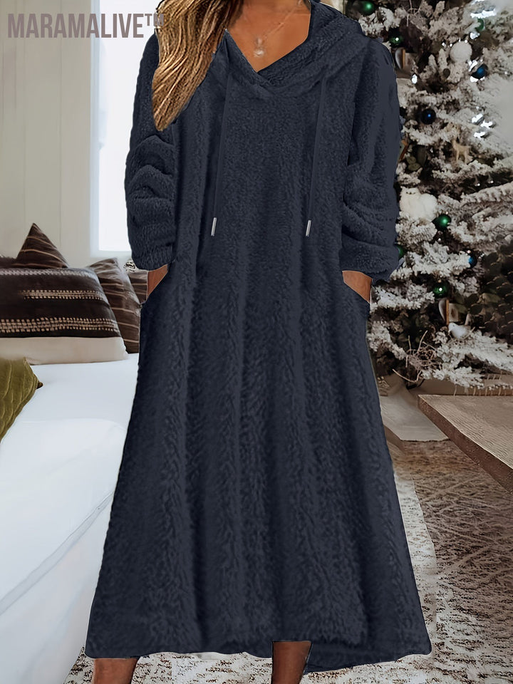 Plus Size Casual Dress, Women's Plus Solid Fleece Long Sleeve Drawstring Hooded Dress With Pockets