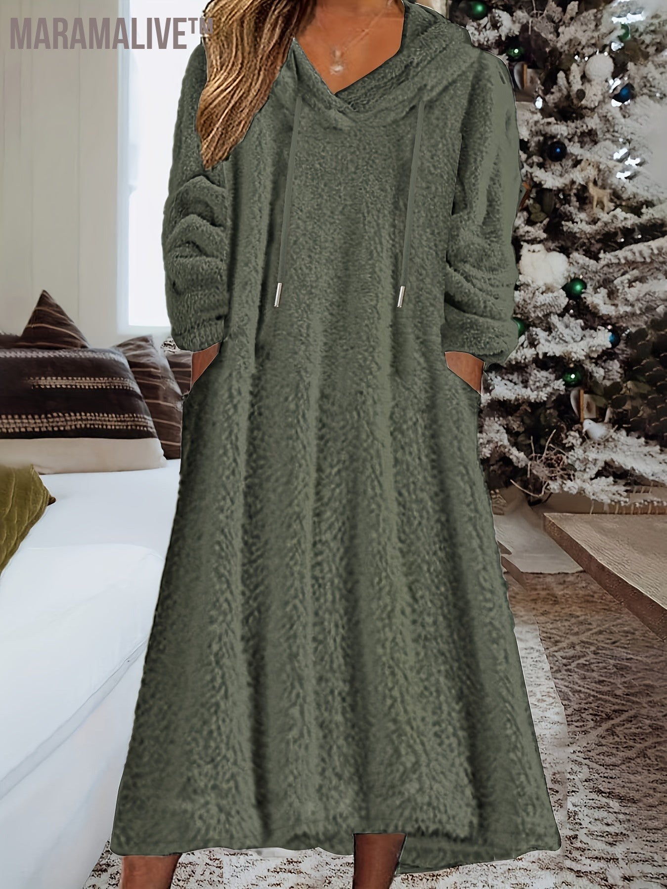 Plus Size Casual Dress, Women's Plus Solid Fleece Long Sleeve Drawstring Hooded Dress With Pockets