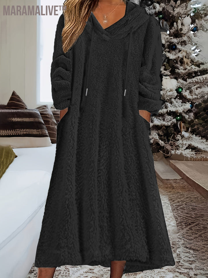 Plus Size Casual Dress, Women's Plus Solid Fleece Long Sleeve Drawstring Hooded Dress With Pockets