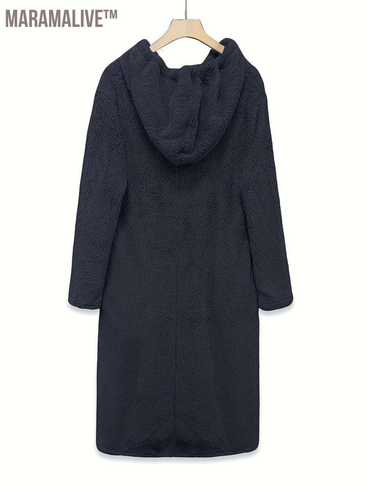 Plus Size Casual Dress, Women's Plus Solid Fleece Long Sleeve Drawstring Hooded Dress With Pockets