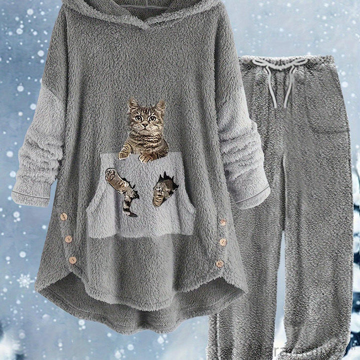 Plus Size Casual Outfits Two Piece Set, Women's Plus Cat Print Fleece Long Sleeve Button Decor Hoodie & Pants Outfits 2 Piece Set