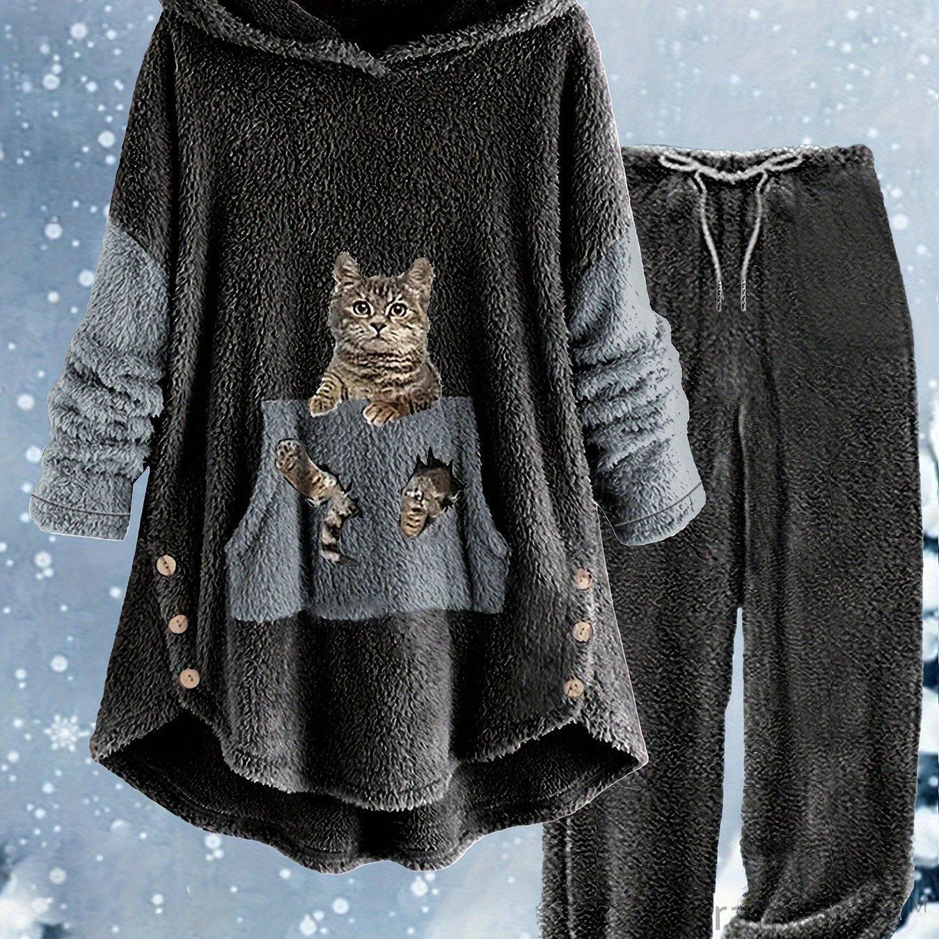 Plus Size Casual Outfits Two Piece Set, Women's Plus Cat Print Fleece Long Sleeve Button Decor Hoodie & Pants Outfits 2 Piece Set