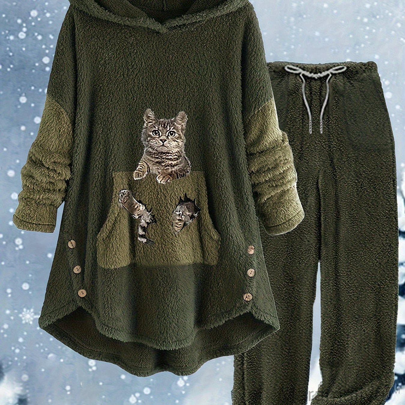 Plus Size Casual Outfits Two Piece Set, Women's Plus Cat Print Fleece Long Sleeve Button Decor Hoodie & Pants Outfits 2 Piece Set