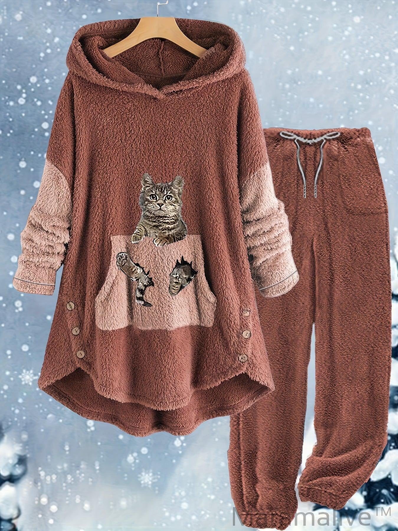 Plus Size Casual Outfits Two Piece Set, Women's Plus Cat Print Fleece Long Sleeve Button Decor Hoodie & Pants Outfits 2 Piece Set