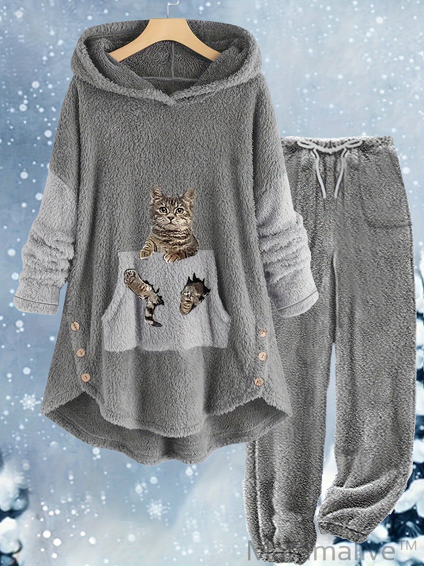 Plus Size Casual Outfits Two Piece Set, Women's Plus Cat Print Fleece Long Sleeve Button Decor Hoodie & Pants Outfits 2 Piece Set