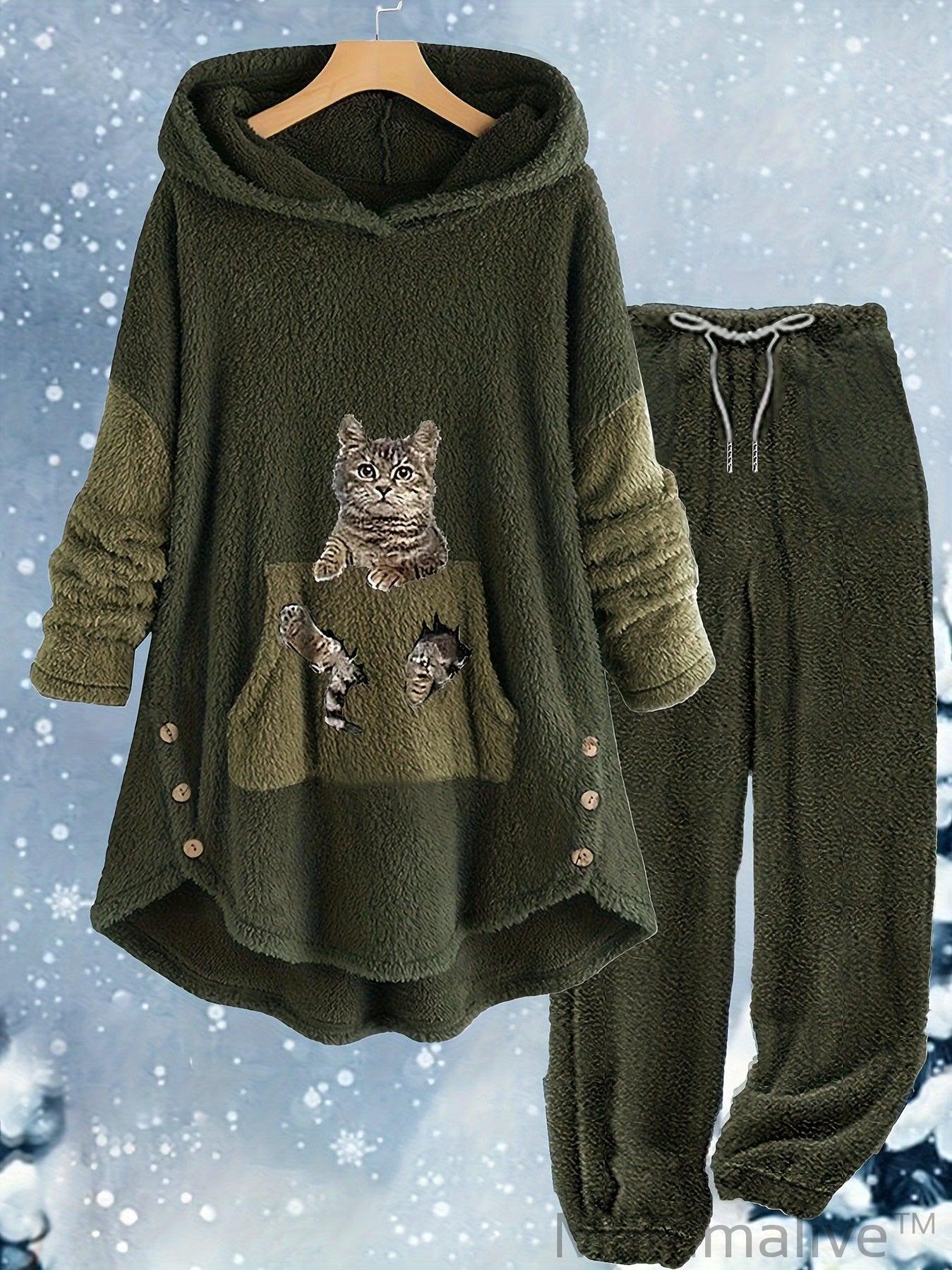 Plus Size Casual Outfits Two Piece Set, Women's Plus Cat Print Fleece Long Sleeve Button Decor Hoodie & Pants Outfits 2 Piece Set