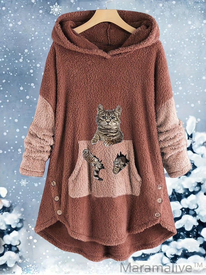 Plus Size Casual Outfits Two Piece Set, Women's Plus Cat Print Fleece Long Sleeve Button Decor Hoodie & Pants Outfits 2 Piece Set