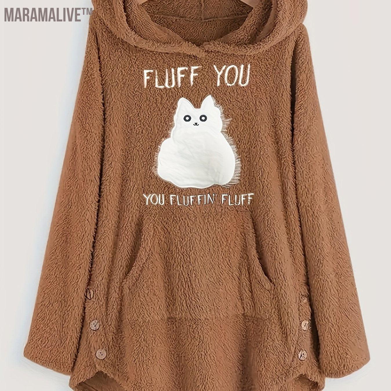 Plus Size Casual Sweatshirt, Women's Plus Slogan & Cat Print Fleece Button Decor Long Sleeve Cat Ear Button Decor Sweatshirt With Pockets