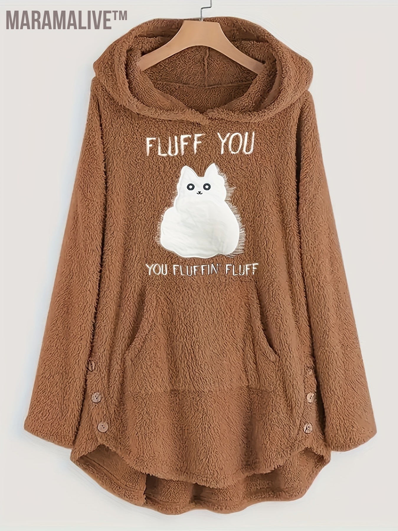 Plus Size Casual Sweatshirt, Women's Plus Slogan & Cat Print Fleece Button Decor Long Sleeve Cat Ear Button Decor Sweatshirt With Pockets