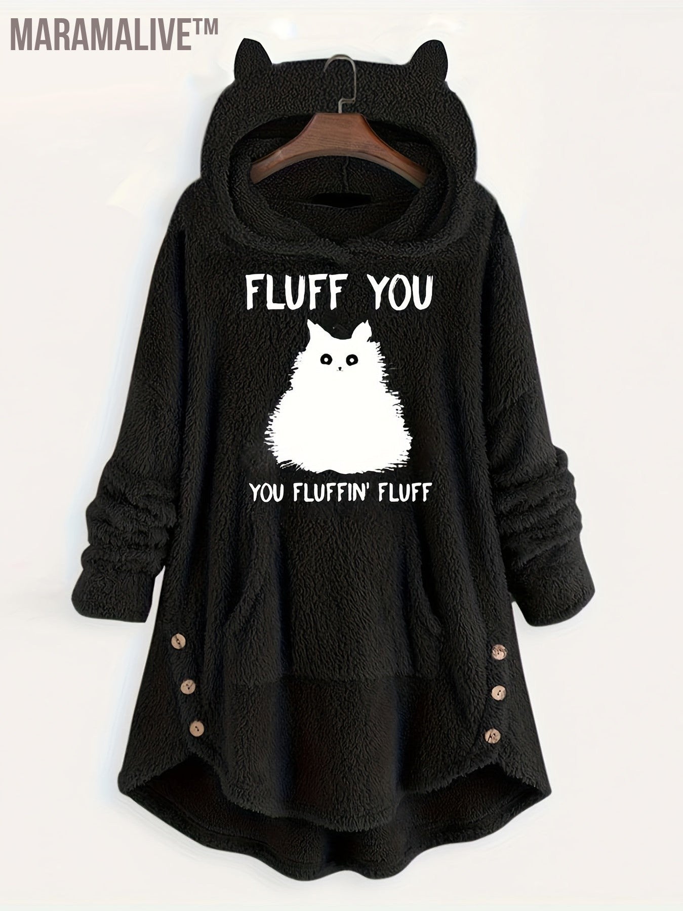 Plus Size Casual Sweatshirt, Women's Plus Slogan & Cat Print Fleece Button Decor Long Sleeve Cat Ear Button Decor Sweatshirt With Pockets