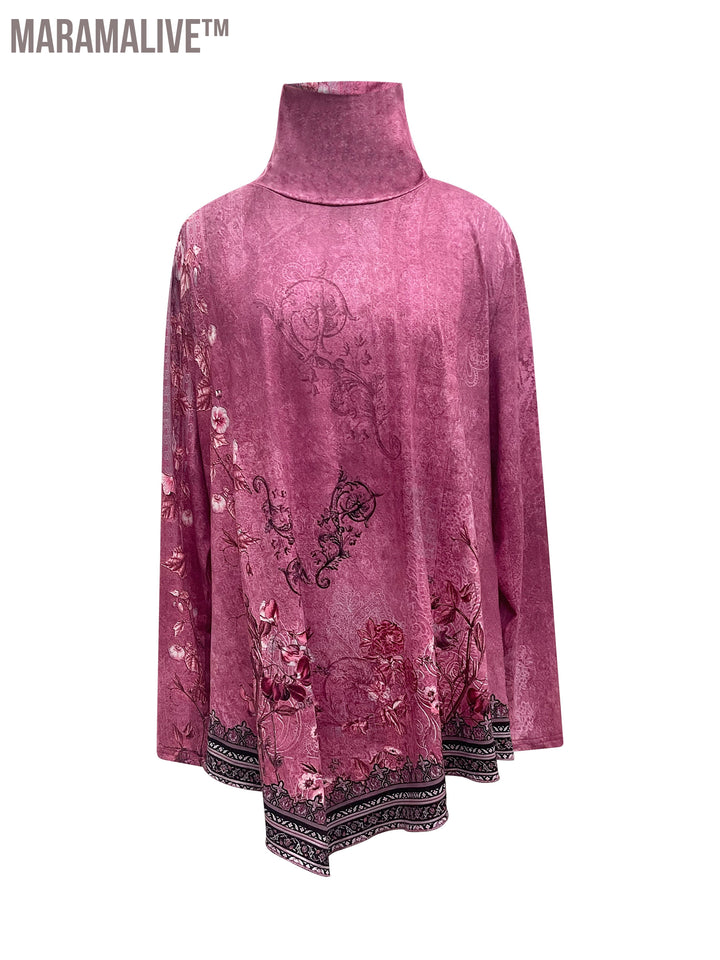 Plus Size Casual Top, Women's Plus Floral Print Long Sleeve High Neck Asymmetric Hem Tunic Top