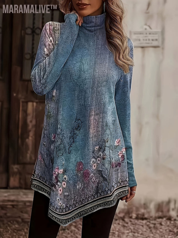 Plus Size Casual Top, Women's Plus Floral Print Long Sleeve High Neck Asymmetric Hem Tunic Top