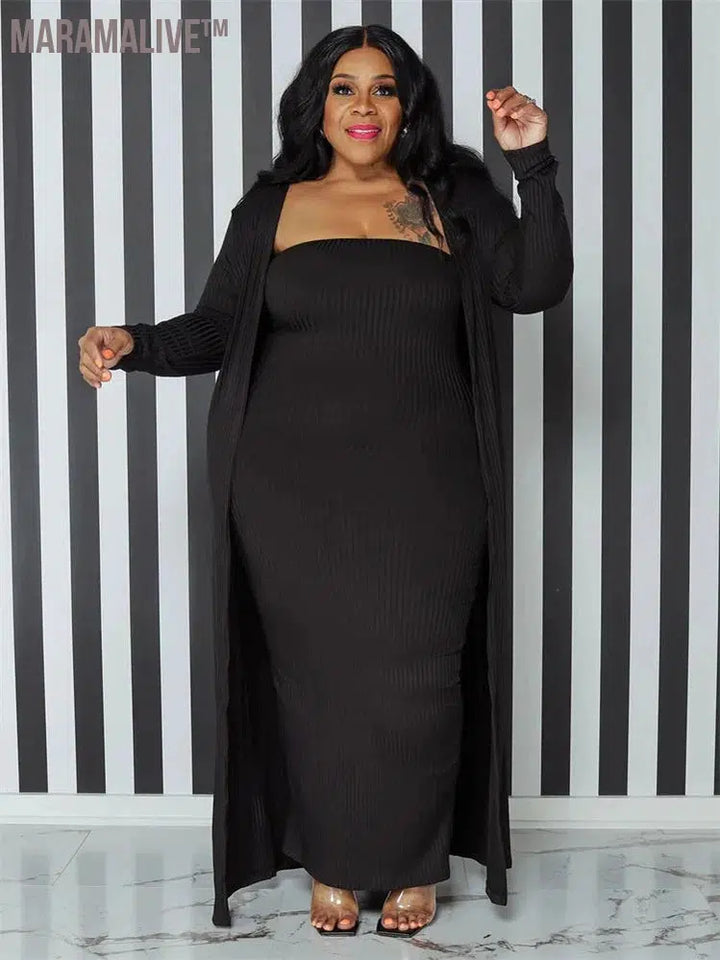 Plus Size Dress Sets 2 Piece Outfits Maxi Dresses Out Wear Coat Sexy Matching Suit Fall