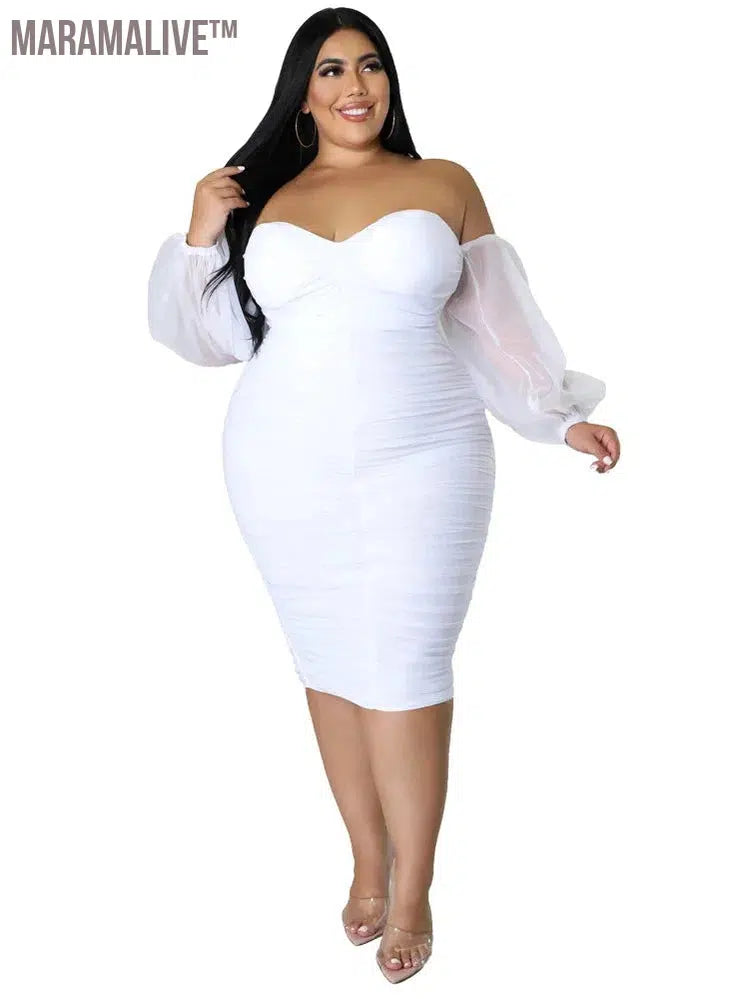 Plus Size Dress Women Party Off Shoulder Mesh Sleeve Sexy Elegant Maxi Dresses Birthday Outfits