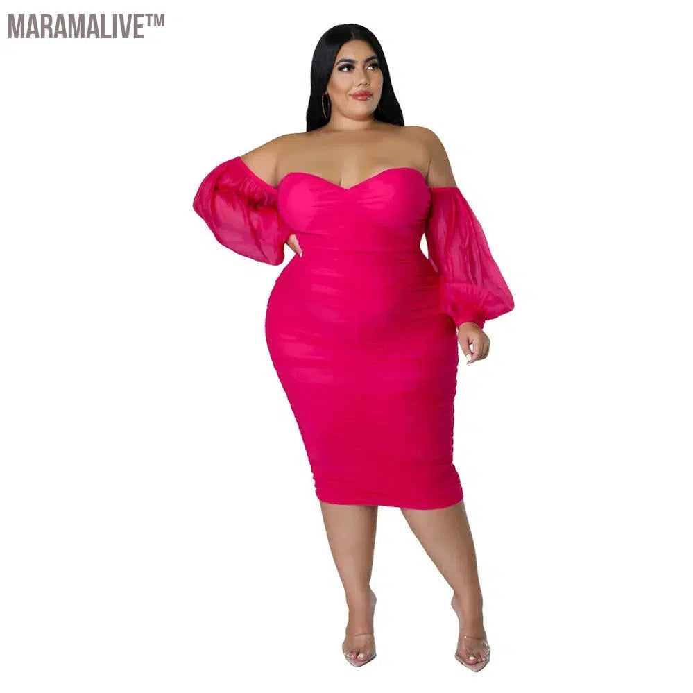 Plus Size Dress Women Party Off Shoulder Mesh Sleeve Sexy Elegant Maxi Dresses Birthday Outfits